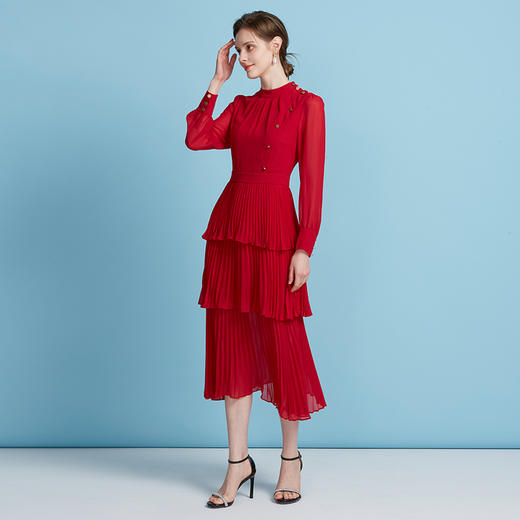 EITIE爱特爱轻礼服压褶蛋糕裙高腰立领长袖连衣裙2025秋新款B2507686 商品图2