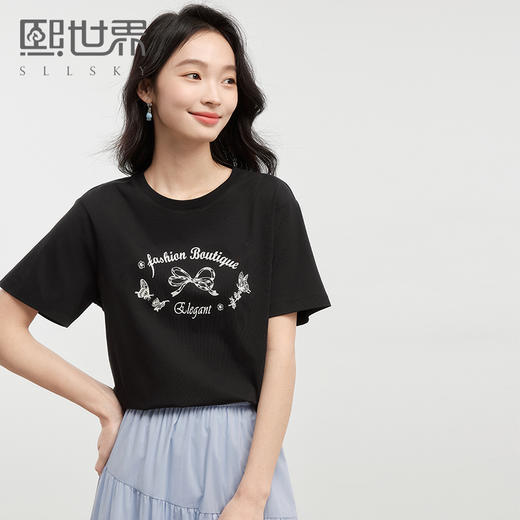 【专属特价】熙世界美式复古蝴蝶结印花T恤短袖圆领正肩体恤上衣女2025夏新款 商品图0