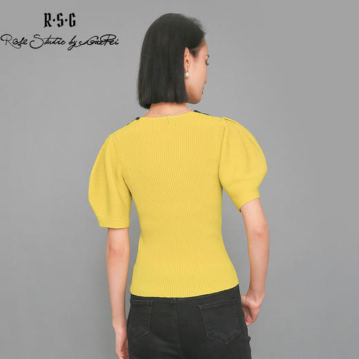 RSG郭培成衣品牌泡泡袖V领坑条修身显瘦短款针织衫夏季新款 商品图2