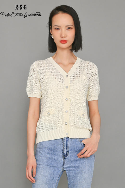 RSG郭培成衣品牌全钉珠镂空钩花V领短袖女夏上衣 商品图5