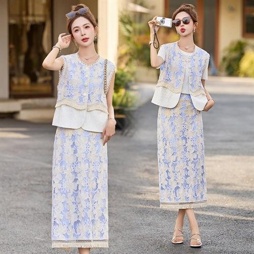 小香风蕾丝套装裙夏季轻奢高级感复古刺绣马甲半身裙气质三件套YQH9210 商品图1