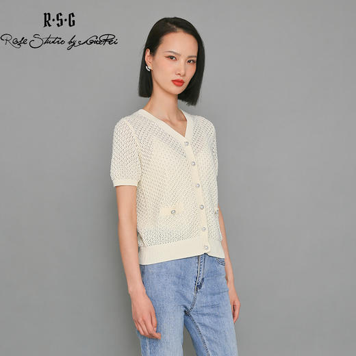RSG郭培成衣品牌全钉珠镂空钩花V领短袖女夏上衣 商品图1
