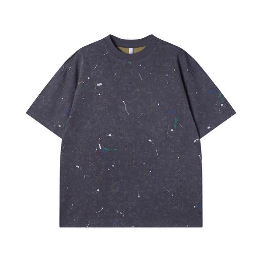 夏季高级感新款美式泼墨撞色破洞短袖T恤百搭潮流复古套头上衣 商品图1