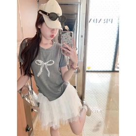 <曾小咸推荐>韩系甜美灰色蝴蝶结短袖T恤