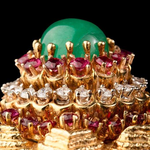 独角鹿西洋古董 1970年代美国出品花朵造型黄金镶嵌钻石红宝石及蛋面祖母绿戒指 商品图5