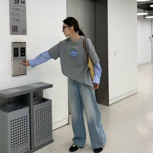 洛诗琳15124简约随性假两件长袖卫衣2025设计师款拼接T恤女3026 商品图3