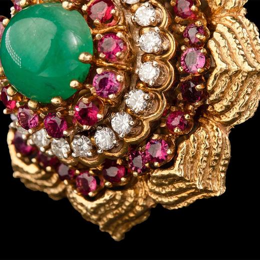 独角鹿西洋古董 1970年代美国出品花朵造型黄金镶嵌钻石红宝石及蛋面祖母绿戒指 商品图4