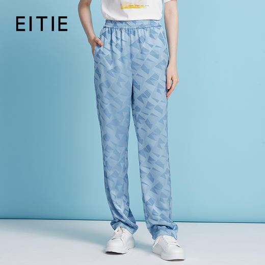 EITIE爱特爱轻运动风清爽蓝色直筒松紧腰长裤休闲裤夏季新款B2505616 商品图0