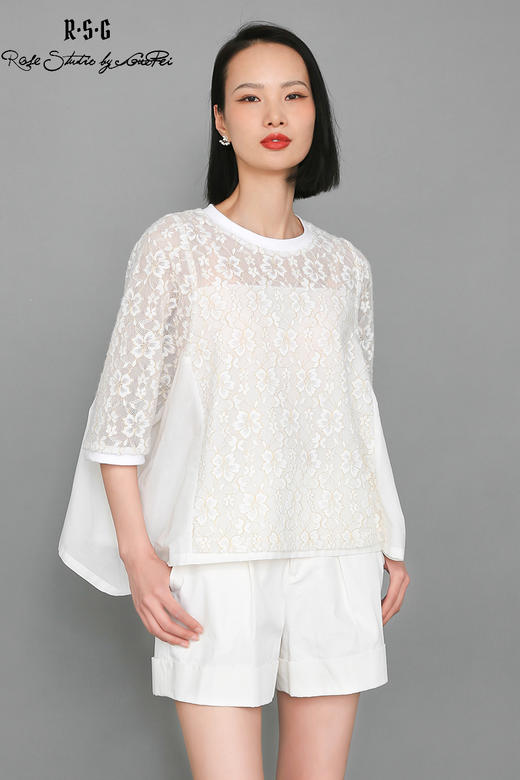 RSG郭培成衣品牌设计感蝙蝠衫廓形蕾丝拼接浪漫T恤衫 商品图5