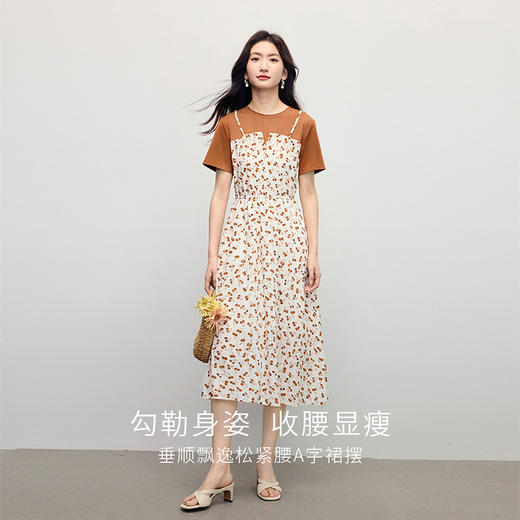 【五折购】熙世界假两件碎花连衣裙女2025夏季新款气质时尚短袖拼接收腰裙子 商品图1