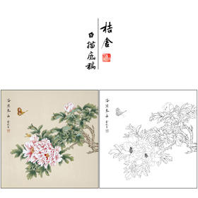 俞致贞花鸟工笔画白描底稿《洛阳春永》牡丹斗方临摹勾线高清打印稿ZZ90