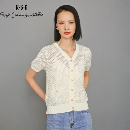 RSG郭培成衣品牌全钉珠镂空钩花V领短袖女夏上衣 商品图2