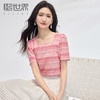 熙世界多巴胺粉色条纹方领T恤女短袖正肩肌理感上衣2025夏日新款 商品缩略图0