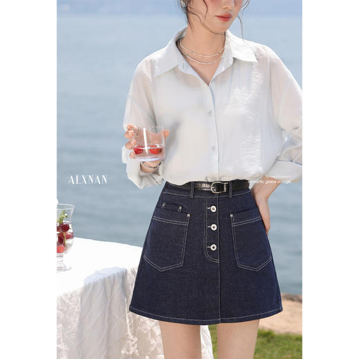 鹿向南 「雨落雅趣」深蓝色高腰百搭牛仔短裤夏新款时尚设计感裤子L55306 商品图2