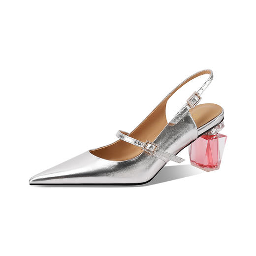 【预售7天】超有质感水晶跟真皮尖头粗跟银色浅口后空凉鞋CX&CX3696-2 商品图4