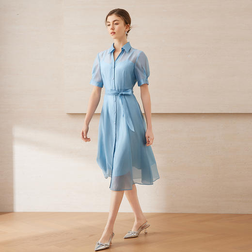 【通透蓝色欧根纱衬衫连衣裙】EITIE爱特爱夏日清爽通勤2025夏新款B2507658 商品图3