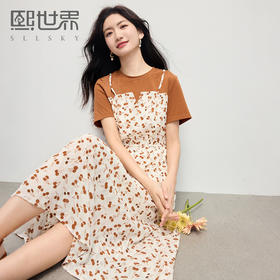 【五折购】熙世界假两件碎花连衣裙女2025夏季新款气质时尚短袖拼接收腰裙子