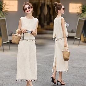 时髦套装套头无袖刺绣上衣+复古设计感半身裙两件套YRX9238