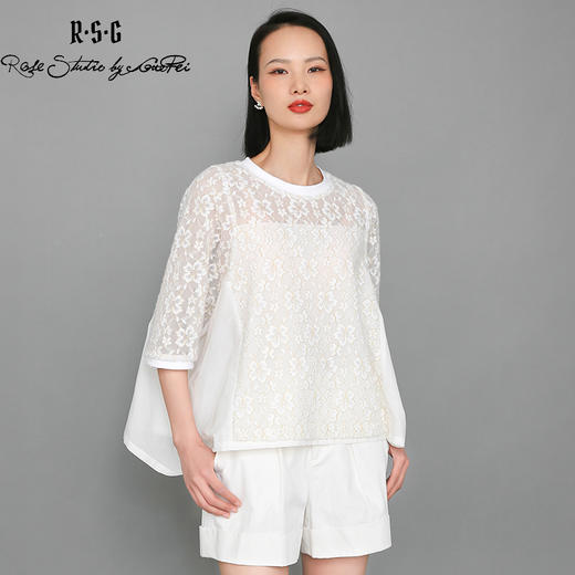 RSG郭培成衣品牌设计感蝙蝠衫廓形蕾丝拼接浪漫T恤衫 商品图0