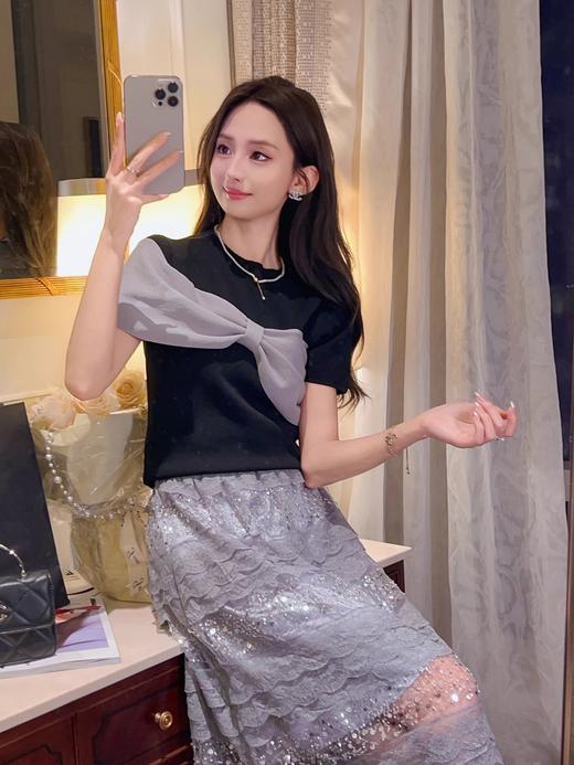 张心子【漫月白茶】夏款气质显瘦弹力针织衫上衣 U2504053 商品图1