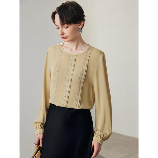 重磅鬼绉100%桑蚕丝衬衫女2025春夏新款长袖纯色蕾丝花边衬衫上衣 商品图0