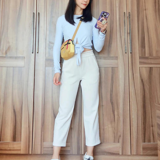 洛诗琳20559夏季新款小个子简约纯色抽绳高腰直筒显瘦七分裤2338 商品图2