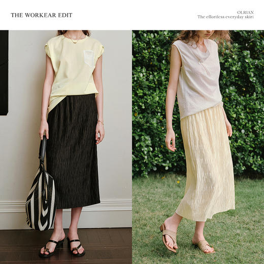 OLrain欧芮儿简约压褶铅笔半裙夏季2025新款松紧腰仙气浪漫中长裙 商品图1