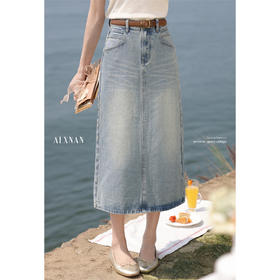 【65折秒杀】鹿向南「胶片日记」牛仔蓝复古中长款后开叉牛仔半身裙夏时尚裙子