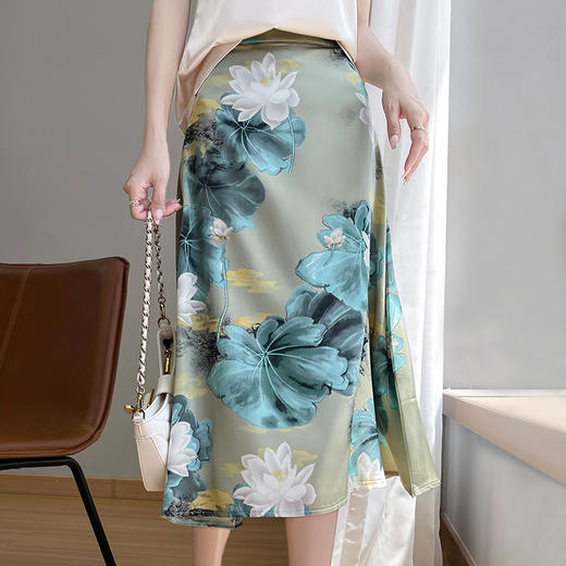 奥伊米 女士重工油墨画仿真丝高腰印花半身裙 商品图5