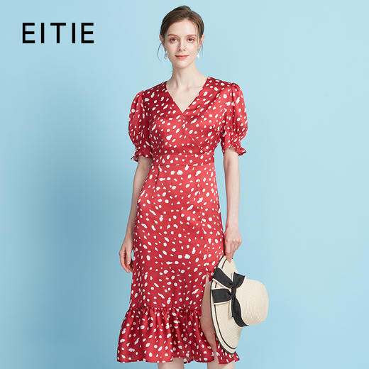 EITIE爱特爱法式V领波点泡泡袖开叉过膝长裙连衣裙2025夏季新款B2507690 商品图1