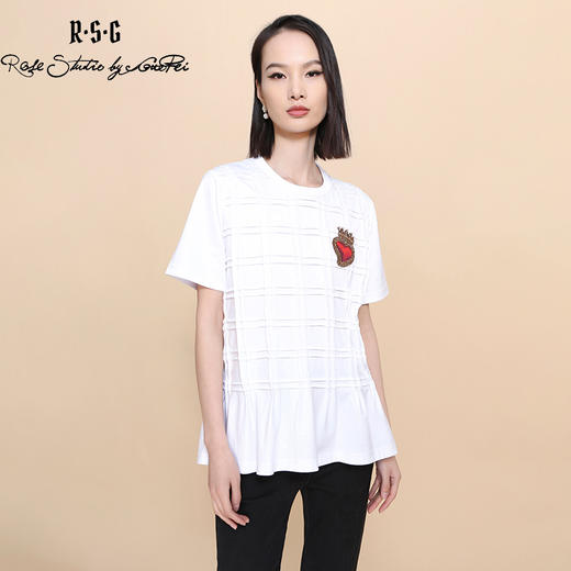RSG郭培成衣品牌短袖女夏绗缝网格高级感棉质宽松减龄T恤上衣 商品图4