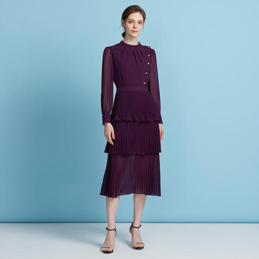 EITIE爱特爱轻礼服压褶蛋糕裙高腰立领长袖连衣裙2025秋新款B2507686 商品图6