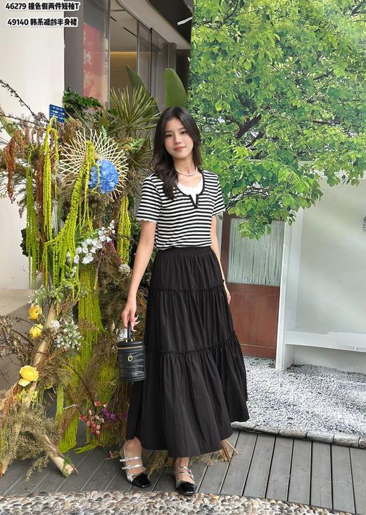 T46279#撞色条纹假两件短T 商品图0