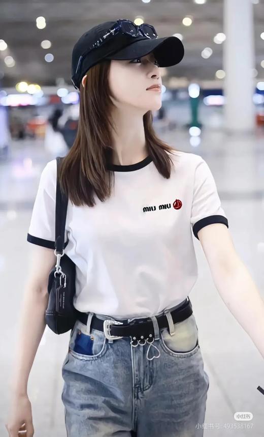 巨显瘦~miu mi*缪缪帆船刺绣标圆领短袖 ，明星同款撞色拼接领口袖口25ss春夏复古时尚短袖T恤 商品图0