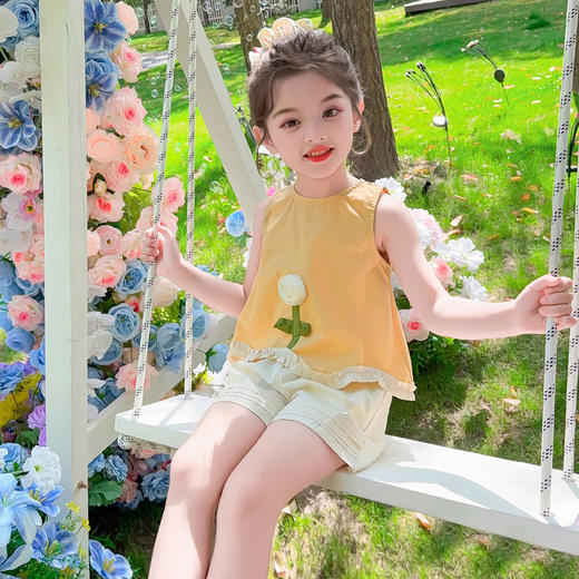 送包包！【鲜花装点，洋气立体花朵】女童洋气立体花朵木耳边套装 2025夏季新款 时尚小女孩洋气三件套-QQ 商品图0