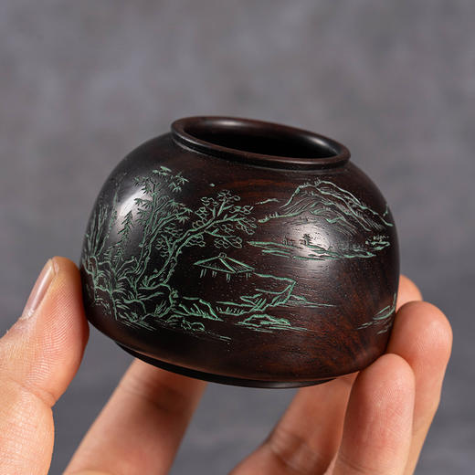 清	红木阴刻山水诗文太白尊水盂 商品图1