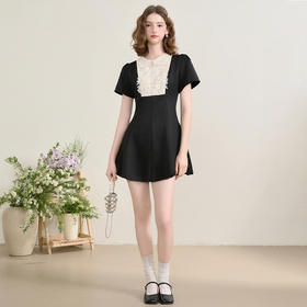 西遇黑色花领无袖连衣裙女新款a字法式收腰短袖裙子SS150081