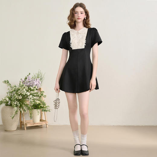 西遇黑色花领无袖连衣裙女新款a字法式收腰短袖裙子SS150080 商品图1