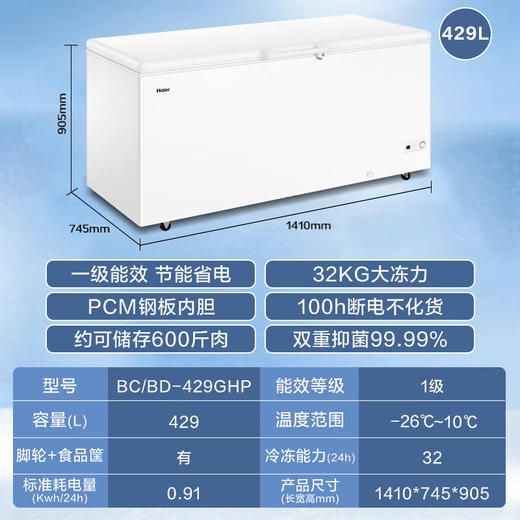 海尔（Haier）国家补贴【顶配无需除霜】冰柜商用卧式大容量冷冻柜家用冰柜一级能效单温冷藏冷冻转换柜 429GHP/钢板内胆/一级能效/ 429L 商品图0