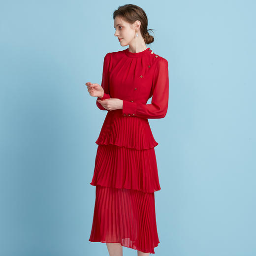 EITIE爱特爱轻礼服压褶蛋糕裙高腰立领长袖连衣裙2025秋新款B2507686 商品图4