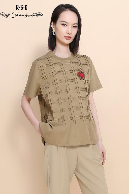 RSG郭培成衣品牌短袖女夏绗缝网格高级感棉质宽松减龄T恤上衣 商品图5