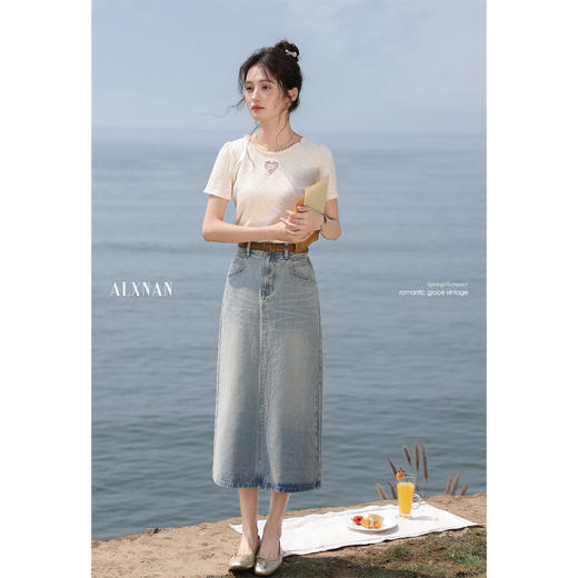 【65折秒杀】鹿向南「胶片日记」牛仔蓝复古中长款后开叉牛仔半身裙夏时尚裙子 商品图2