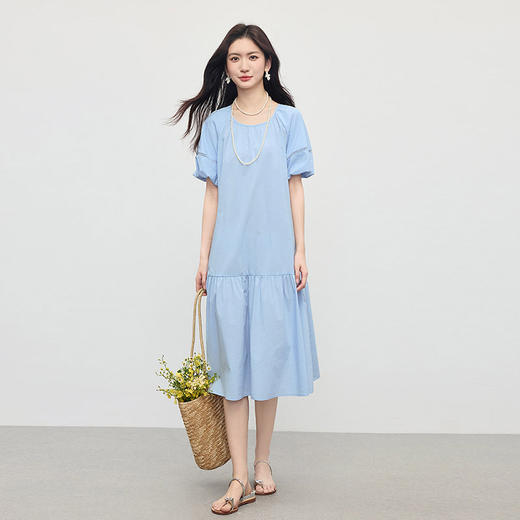 【专属特价】熙世界法式灯笼袖蓝色连衣裙女夏季2025新款通勤休闲圆领a字长裙 商品图4