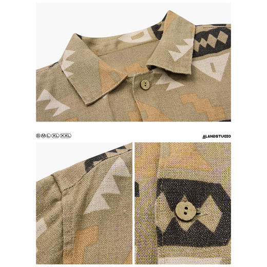 徐太浪日系复古设计感印花短袖衬衫男2025新款高级感亚麻衬衣外套 商品图1