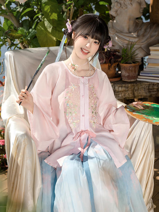 【重回汉唐清瑶】原创圆领对襟衫一片式褶裙套装明制改良汉服女装 商品图3