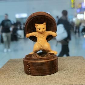 贪吃猫°黄杨镶胡桃木摆件