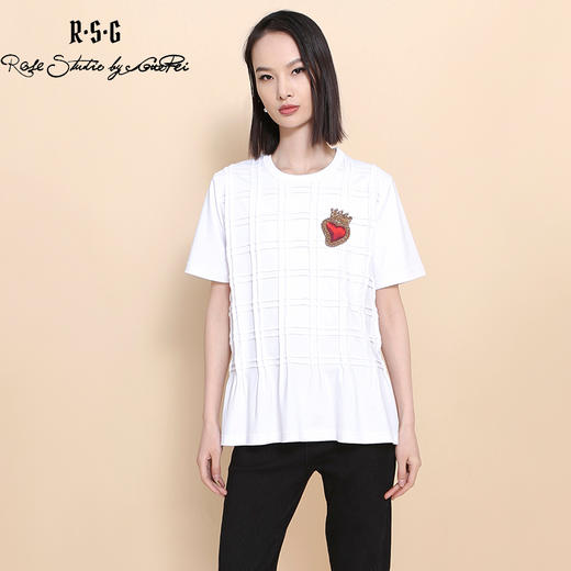 RSG郭培成衣品牌短袖女夏绗缝网格高级感棉质宽松减龄T恤上衣 商品图3
