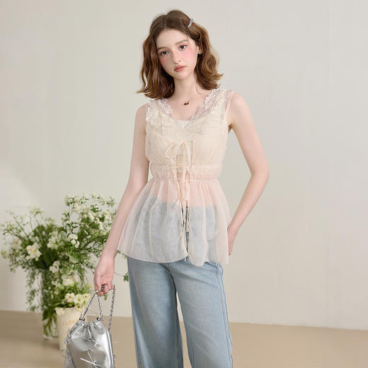 西遇叠穿蕾丝吊带裙女春夏新款v领连衣裙外搭罩衫薄纱上衣SS150289 商品图3