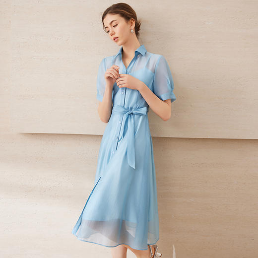 【通透蓝色欧根纱衬衫连衣裙】EITIE爱特爱夏日清爽通勤2025夏新款B2507658 商品图2
