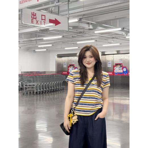 2025新品  佳佳同款【黄桃罐头】撞色条纹短袖上衣时尚百搭宽松圆领遮肉舒适 商品图0